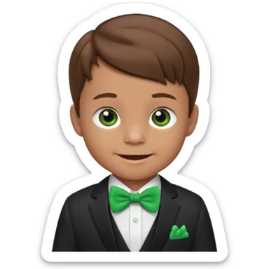 baby boy, brown hair in suit, with green bow, smile sticker
