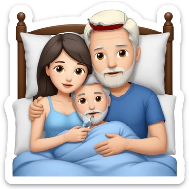 Man with grey hair and beard, and beautiful brunette woman spooning in bed sticker