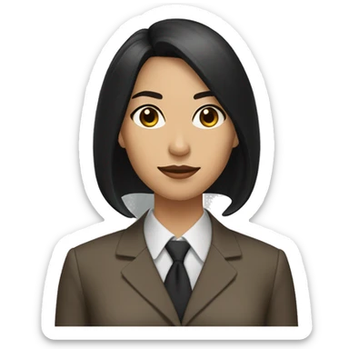 Female defense attorney with long black hair with brown suit sticker
