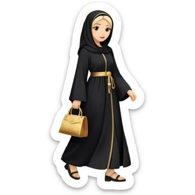 Middle Eastern cultural scene, featuring a young woman dressed in a traditional black abaya with gold accents, walking out of an old-style handcrafted shoe shop. sticker