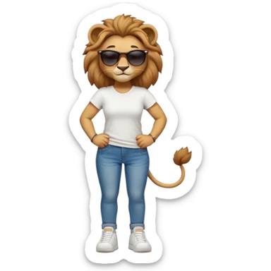 friendly anthropomorphised female lion character, full body, standing confidently with legs shoulder width apart and arms folded, wearing jeans, a white t-shirt, dark sunglasses, and trainers, with a confident smile sticker
