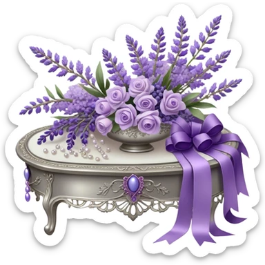 A cascading bouquet of lavender, blending soft lilac, dusky violet, and deep amethyst hues, is wrapped in delicate pearl-colored lace, tied with a silky wisteria ribbon. The stems, slightly uneven and wild, spill gently over the edge of an antique silver tray, where a few loose buds rest, their fragrance mingling with the faint scent of aged paper and timeworn fabric.
 sticker