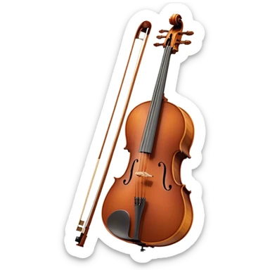 Create an elegant and refined emoji representing a Cremona 4/3F 4/4 cello with bow. The design should feature the distinctive, finely crafted body of the cello, highlighting its rich wooden finish and gracefully curved shape. The bow should be included, with visible horsehair and a polished wooden stick. Add subtle details like tuning pegs and strings to emphasize the precision and craftsmanship of the instrument. Use warm wood tones, deep brown, and soft metallic accents to reflect the high quality of the Cremona cello. The background should be transparent. sticker