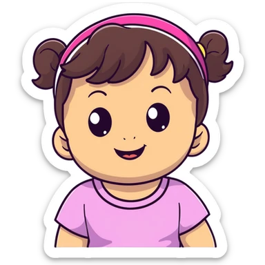 smiling toddler face with big eyes, medium skin tone, dark wavy hair, and a hair band sticker