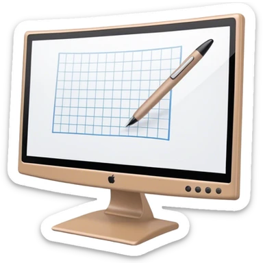Create an emoji for 3D visualization and modeling. Show a 3D object with grid lines and a modeling tool (e.g., a mouse or stylus) on a big curved monitor. Use modern, professional colors. Do not include any emojis or smiley faces. Make the background transparent. sticker