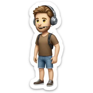 full body caucasian IT technology guy wearing jean shorts with headset and microphone and brown hair sticker