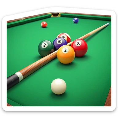 Two crossed pool cues resting on a billiard table, with colorful billiard balls scattered across the surface. The background features the felt of the table, creating an inviting atmosphere for a game of precision and strategy sticker