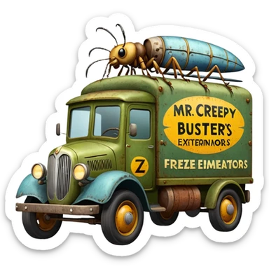  Mr. Creepy Freeze’s 1918 Lightning Bug busters exterminators antique long wheelbase moving truck  sticker