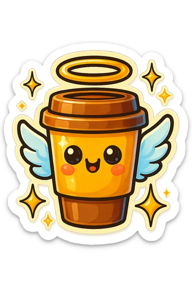 Tall coffee cup, shiney eyes, angel halo, wings, star sparkles sticker