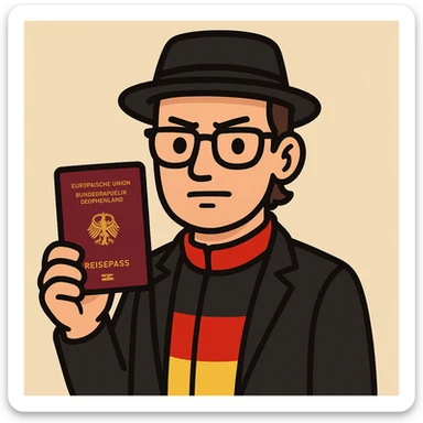 stylish cartoon character holding a German passport, with elements of the German flag or national symbols, serious but friendly expression, suitable for a mobile app icon about permanent residency or citizenship in Germany sticker
