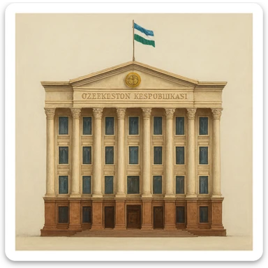 «Реалистичная живописная стильная прорисовка. Здание правительства узбекистана строго в анфас, прямо спереди, без наклона и без перспективы. Покажи ВСЁ здание целиком — сверху донизу и слева направо — с большим свободным полем вокруг, чтобы НИЧЕГО не обрезалось. На крыше должен быть флаг Узбекистана. Никаких деревьев, людей, фонтанов, автомобилей, тени от объектов и окружающей среды. Только полностью целое здание на однотонном чистом фоне (белом или светло-сером). Обязательно: “НЕ кадрировать, НЕ обрезать, оставить запас места вокруг здания». sticker