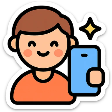 cute cartoon selfie icon with rounded shapes, smiling face, and a phone, modern icon style sticker