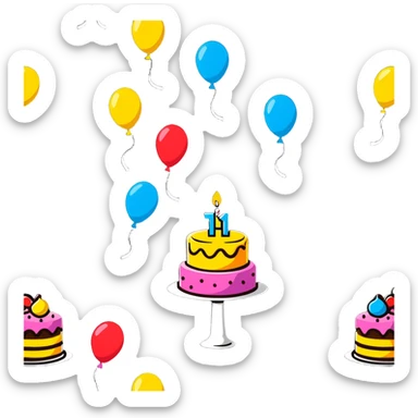 festive party celebration with balloons, confetti and cake sticker