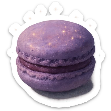 realistic Ghibli style single purple macaron with sparkles, soft painterly textures, enchanting and appetizing sticker
