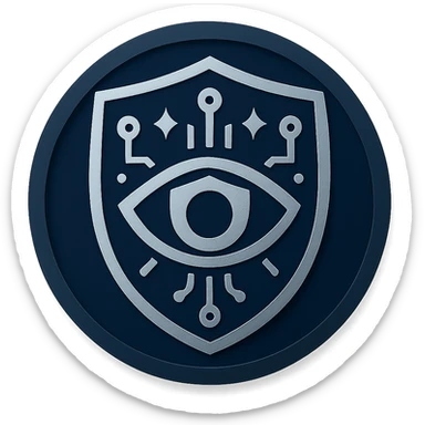 Place the logo inside a bold, modern circular badge. Maintain the minimal, futuristic, and authoritative style with dark blue, gray, and metallic silver colors. Ensure the design remains clean and recognizable at small sizes, with no background outside the circle. sticker