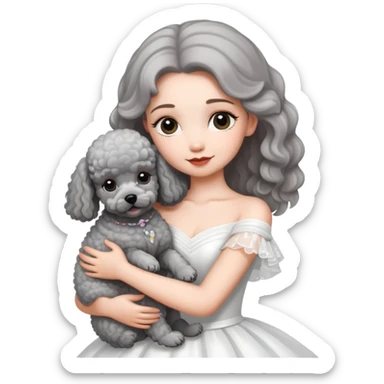beautiful girl in a wedding dress hugging a small gray poodle sticker