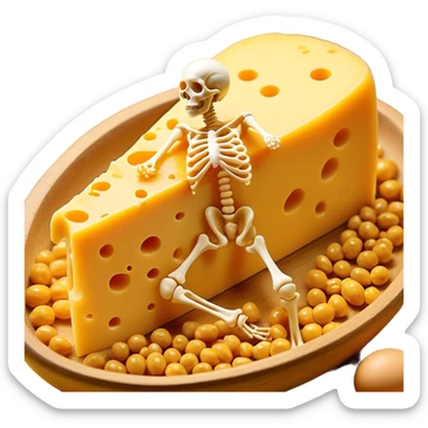 Ethereal pieces of aged cheese, golden egg yolk, and natto floating around a translucent glowing skeleton. Fine rays of golden light flow from the foods to the bones, where small locks open upon contact, guiding calcium like precision keys that prevent accumulation in arteries. sticker