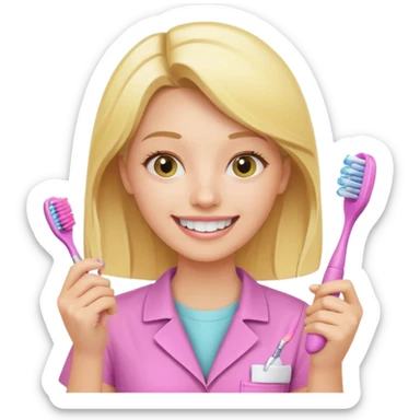 dentista mulher, loira, pele branca, camisa rosa, segurando uma escova de dentes amarela e sorrindo transmitindo verdade e confiança sticker