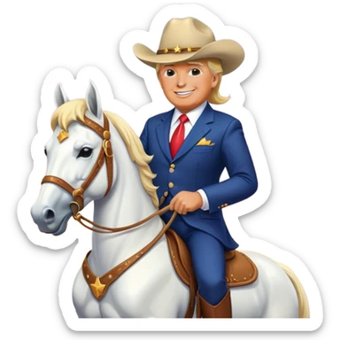 Donald Trump riding a majestic white horse, wearing a cowboy hat and a suit, with a confident smile, set against a vibrant sunset background, in a simple and bold emoji style. sticker