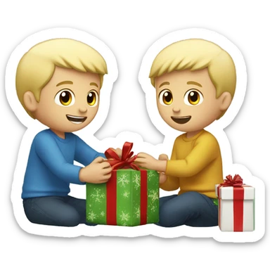 Two blonde boys opening gifts on Christmas sticker