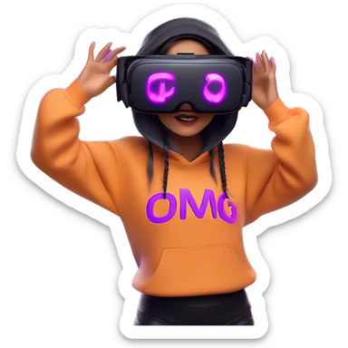 Russian girl wearing black hoody with violet letters "OMG", in vr headset oculus quest2. Dancing. Cyberpunk style. Violet neon. sticker