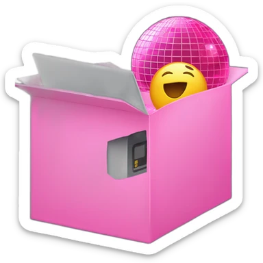 Inside a pink box, the letter "u" is in the middle, and disco ball, laptop emojis peeking out from around the box. sticker