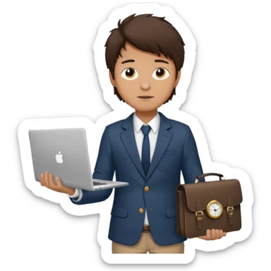a tan boy with messy dark brown hair. Wearing a blazer and carrying a lapotop. watch on wrist sticker