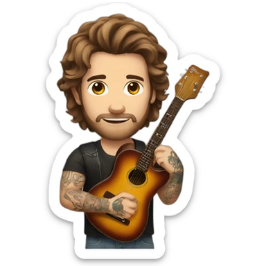 white rock star man with brown hair with tattoos with a guitar sticker