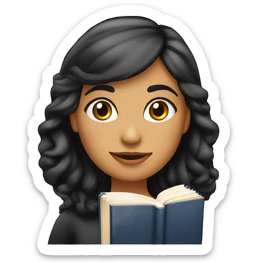 Chica morena clara de cabello ondulado color negro estudiando llena de libros y apuntes y el ordenador  sticker