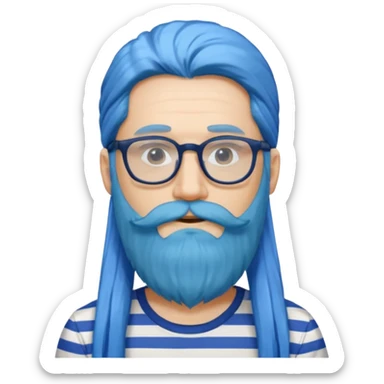 man with long blue hair, glasses, and a long beard and wearing a striped t-shirt sticker