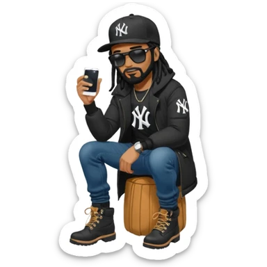 African American man with shoulder length black dreadlocks with black beard wearing black sunglasses wearing a black New York Yankees logo baseball cap wearing a black bubble winter coat wearing denim skinny jeans and timberland boots bending down tying up his shoes sticker
