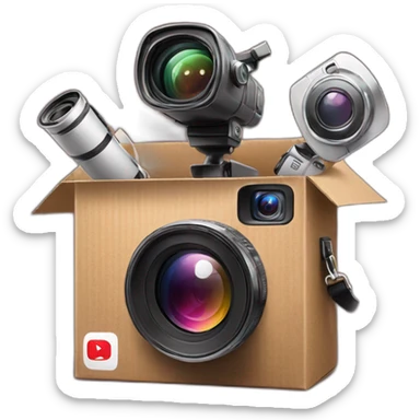 Video Camera, Instagram YouTube icons fly out from the Cardboard box sticker