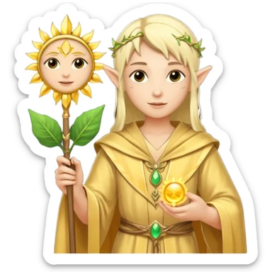 {
      "type": "human",
      "look": "light elf healer, golden robe, staff with leaf and sun motif",
      "description": "a light elf healer wearing a golden robe and holding a staff with leaf and sun symbols"
    } sticker
