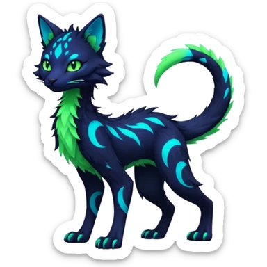 Kawaii dark edgy colorful vibrant neon glowing fantasy feline-vernid-sergal-fursona animal creature with a tufted tail full body with intricate markings  sticker