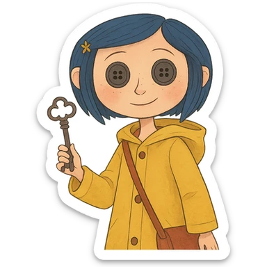 Coraline character with blue hair, yellow raincoat, button eyes, with a key in hand, whimsical style sticker