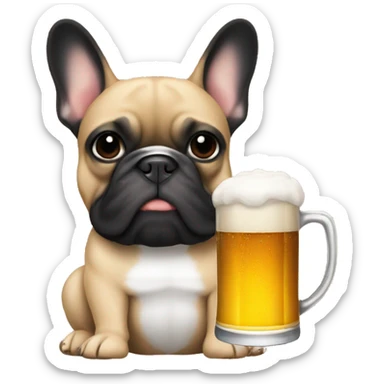 Tan and black french bulldog holding beer sticker