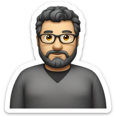 Very Fat short strong bearded computer scientist with glasses black hair and 50 years old sticker