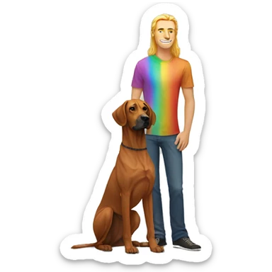 white male with long rainbow colored hair standing alongside a brown rhodesian ridgeback sticker