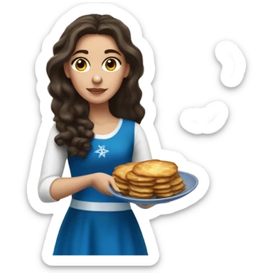 White girl in a dress for Hanukkah with long dark brown hair holding latkes sticker