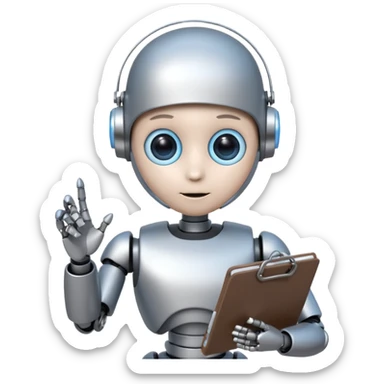 Portrait of a small humanoid robot with round head, metallic limbs, glowing eyes, holding a clipboard sticker