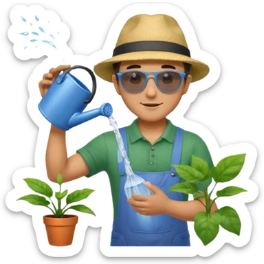 Realistic illustration of a man pouring water onto a green plant, standing outdoors in daylight, with a watering can in hand, gentle and caring expression, vibrant garden background, soft natural lighting, highly detailed, professional composition." sticker