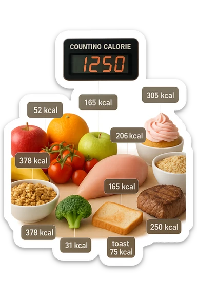 a digital calorie counter hovers above a variety of foods arranged on a table—fruits, vegetables, grains, meats, and desserts. Each food has a floating label showing its calorie content. The background is clean and modern, emphasizing the educational aspect of calorie awareness. scritto in italiano sticker