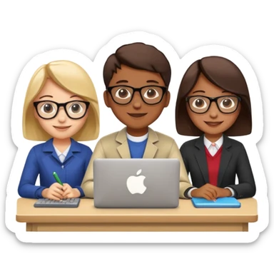 three students coding in a group at a table with computers, smiling, apple emoji style sticker