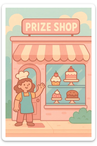 pastel pink bakery with a striped awning, cakes in the window, and a sign above that says 'Prize Shop', soft and dreamy pastel tones, friendly vibe sticker