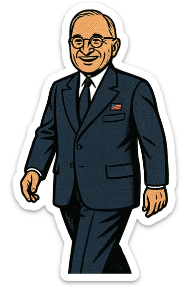 A full body image of a leader who looks like President Truman who is smiling, wearing a blue suit with an American Flag badge sticker