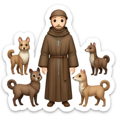 create a full body shot of Saint Francis of Assisi cartoon modern type with animals during the winter, background, to be used as an AI crfreation in HeyGen.com, please create a winter background sticker