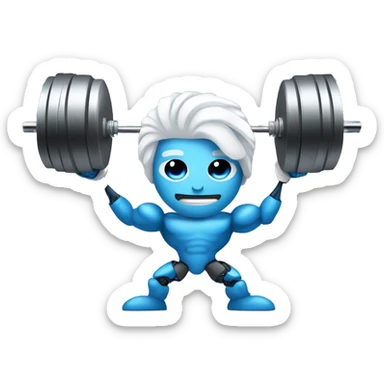 Strong bionic robot man with amazing hair white hair and beard and blue human eyes lifting weights   sticker