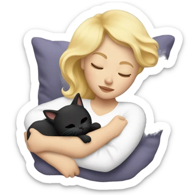 Blonde mom sleeping with black kitty with white chest sticker