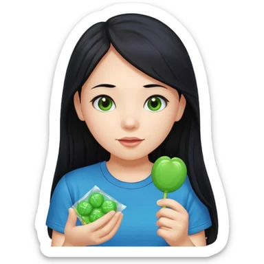 A girl with long black hair wearing a blue t-shirt holding a piece of green hard candy in one hand and a green candy wrapper showing a guava on it in the other hand sticker