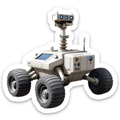 Cinematic Realistic Moon Rover – A rugged, high-tech vehicle traversing the Moon’s dusty surface. Its thick wheels leave tracks in the fine lunar regolith, with Earth hanging in the distant sky. Every mechanical detail of the rover is meticulously rendered, emphasizing its role in human exploration. sticker